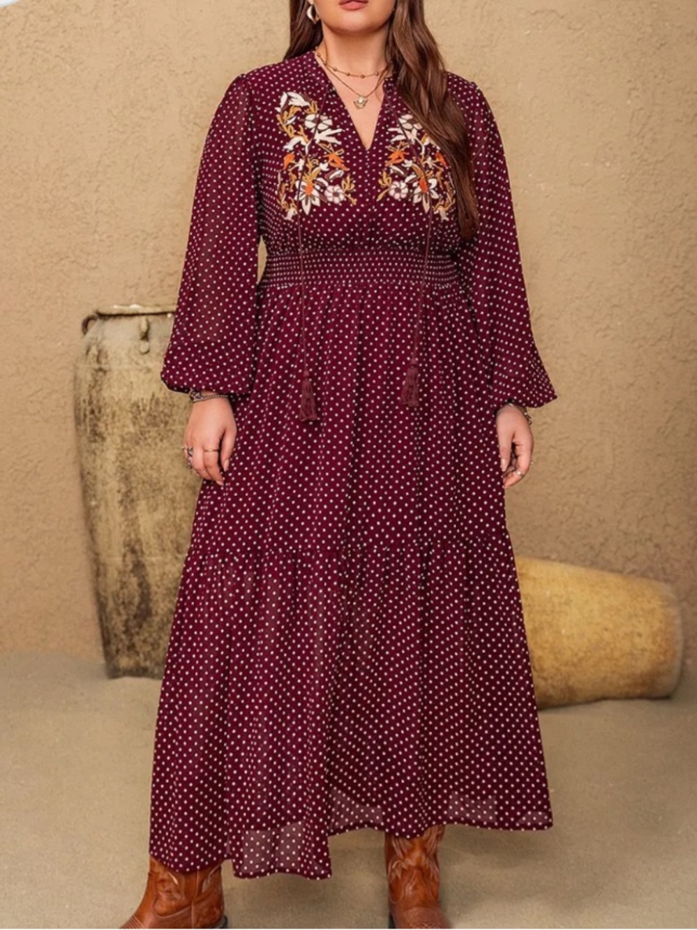 Rusty Dustty Plus Size Maxi Dress with Floral Embroidery - Burgundy Polka Dot